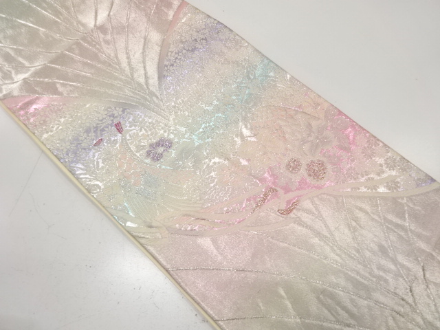 JAPANESE KIMONO / ANTIQUE FUKURO OBI / SILK / WOVEN FLORAL PLANTS